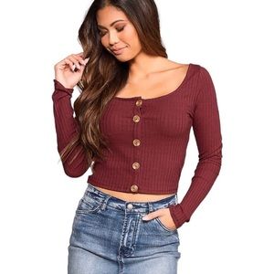 Heart & Hips Maroon, Long-Sleeve, Button Up, Cropped Top.